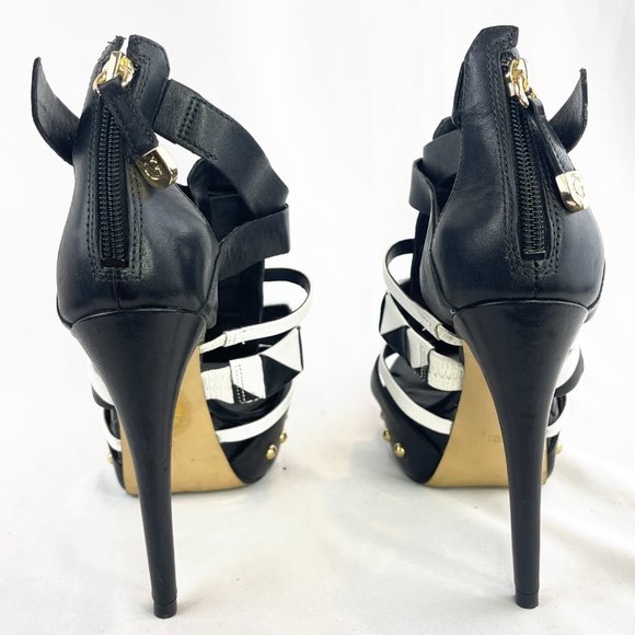 Guess Black / White  Geo + Gold Studs High Heel Cage Platform Stilettos - Picture 5 of 6